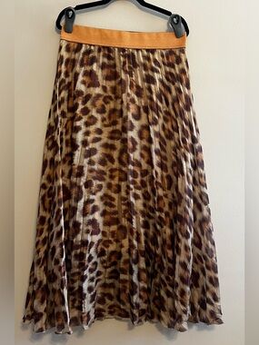 LUISA CERANO Pleated Leopard Print Midi Skirt with Contrast Waistband US 12